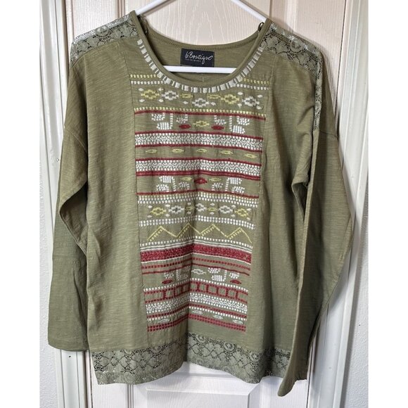 NWT B. Boutique By Evergreen Womens Med Green Long Sleeve Boho Embroidered Top - Picture 1 of 6